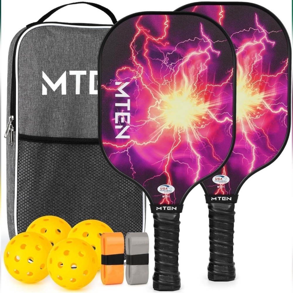 MTEN Pickleball Set 2 Paddles and 4 Pack Balls with Bag Fiberglass Sealed
